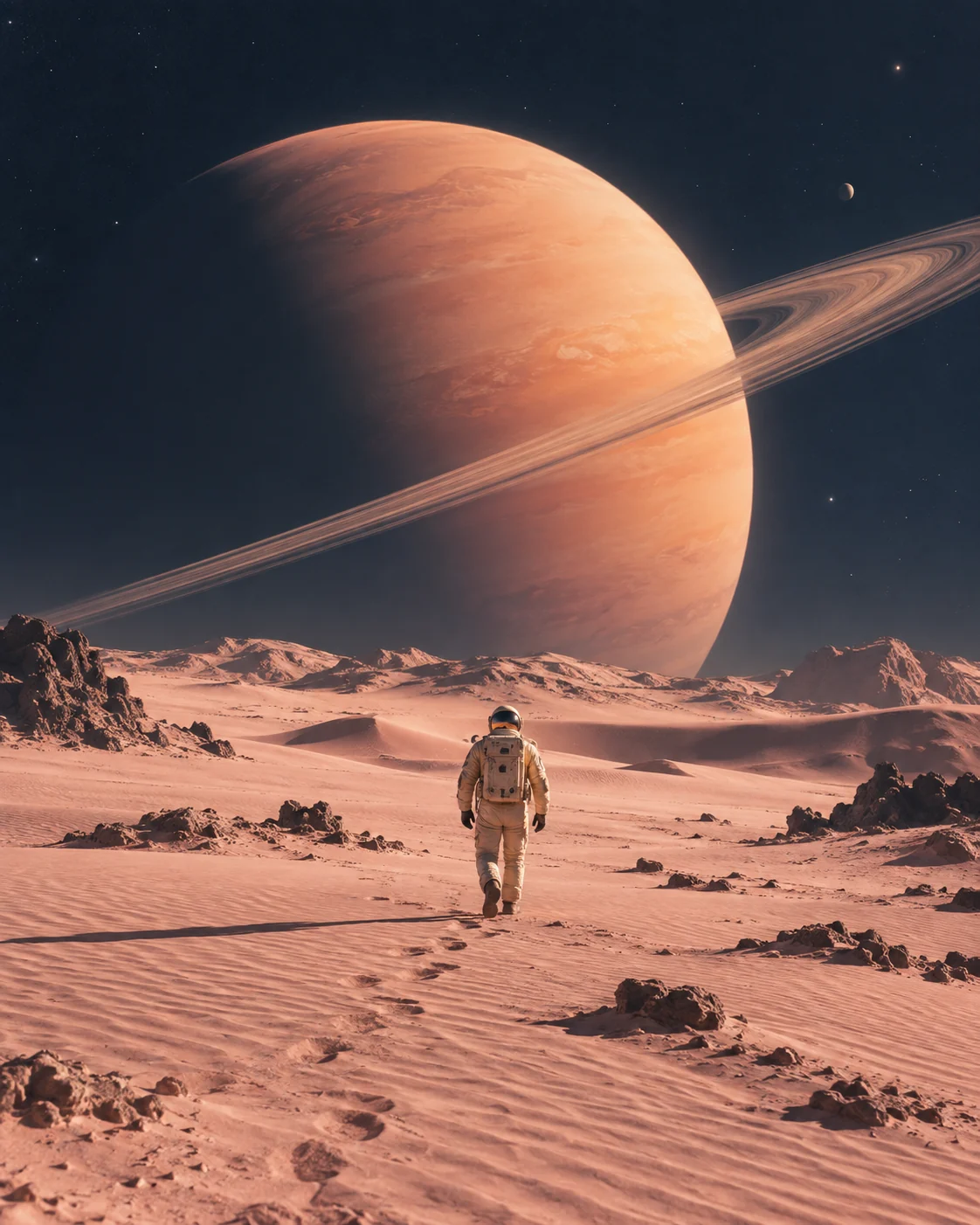 An astronaut walking across pink dunes beneath a giant ringed planet